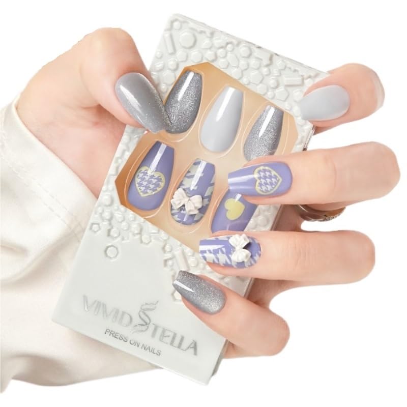 presionado sobre los clavos, Uñas postizas almendra mediana multicolor, paquete de 30, con pegamento y lima(VS11-49019)