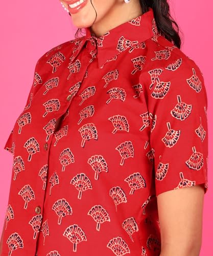 Image of POPWINGS Ethnic Printed Cotton Half Sleeves Regular Fit Crop Shirts for Women Stylish Western Casual Wear