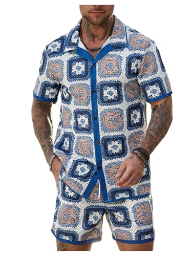 Men's Beach Vacation Clothes 2 Piece Summer Outfits Button Down Short Sleeve Crochet Top and Drawstring Shorts