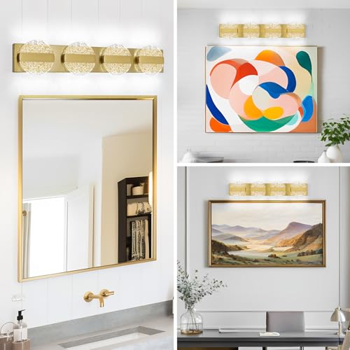 Image of Luxury Brushed Gold Bathroom Vanity Light with High CRI 90+ LED for True Colors, 20W 6000K Cool White Modern Bathroom Lights Fixture Over Mirror for Makeup & Shaving
