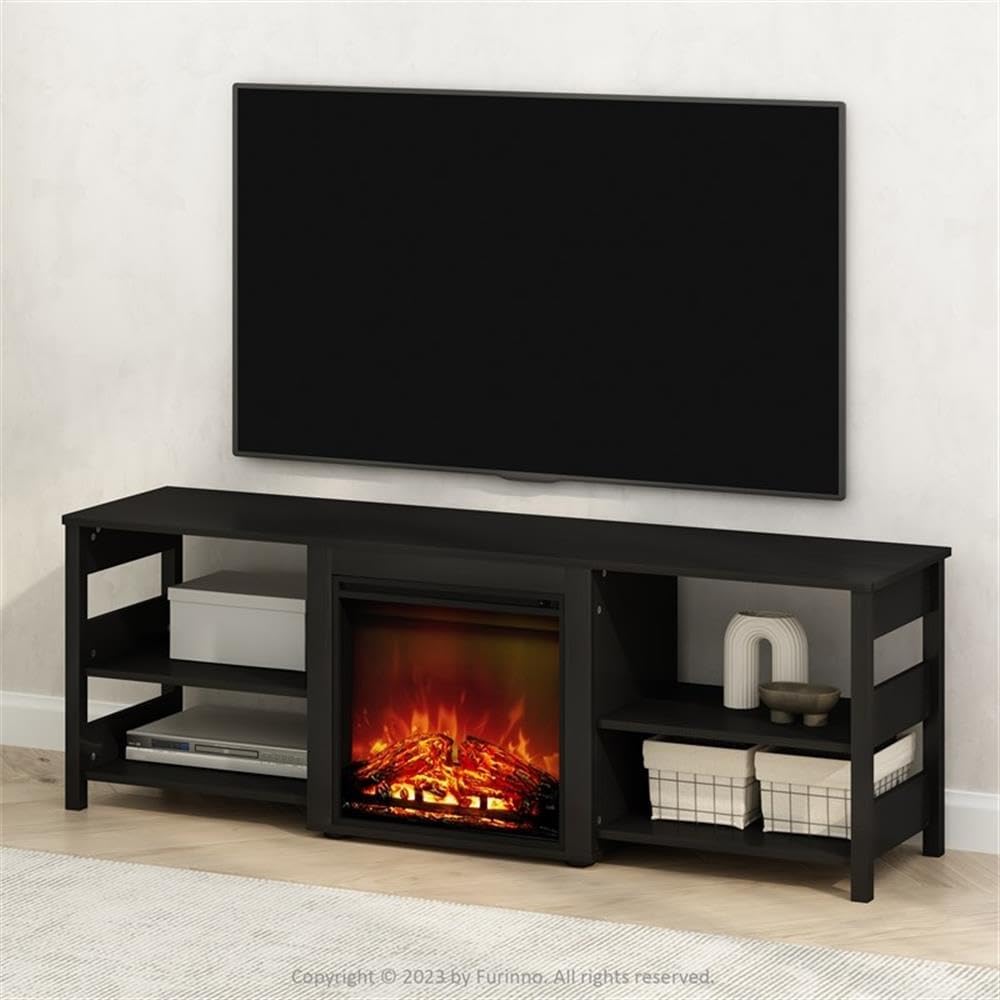 Pemberly Row Decorative Electric Fireplace TV Stand, 63 in Wide, Composite Wood, Americano Finish, Fits TVs Up to 70 in, Open Shelves Storage, No Heat Flames, Living Room Entertainment Center