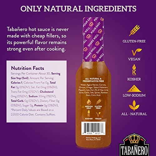 Sweet & Spicy Agave Hot Sauce By Tabañero | All Natural, Gluten Free, Low Sodium, Vegan, Kosher | Made In The Usa | 5 Oz. Hot Sauce Bottle #TOP2