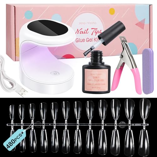 Kit Pose Americaine Ongles Avec 480pcs Capsule Americaine Ongle, Kit Ongle Gel UV Complet Faux Ongles Avec Colle + Lampe UV Led Ongles Gel +Coupe Capsules...