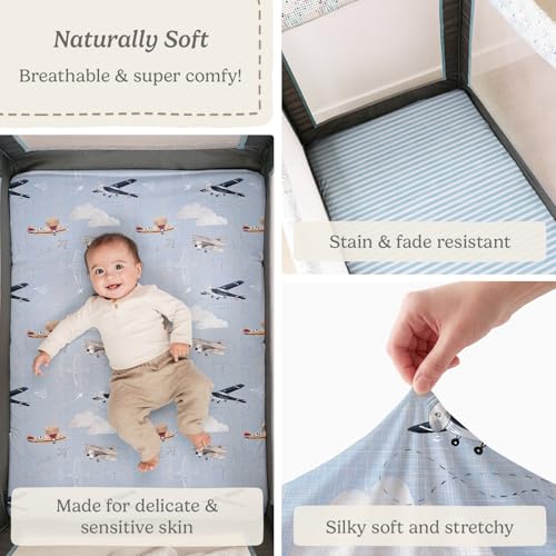 Image of Pack and Play Sheets Fitted, Mini Crib Sheets for Graco Pack N Play Playard (38x26), Ultra Soft Cotton Blend, Safe & Snug Playpen Mattress Sheet for Baby Boys Girls, Airplane in The Clouds, 2-Pack