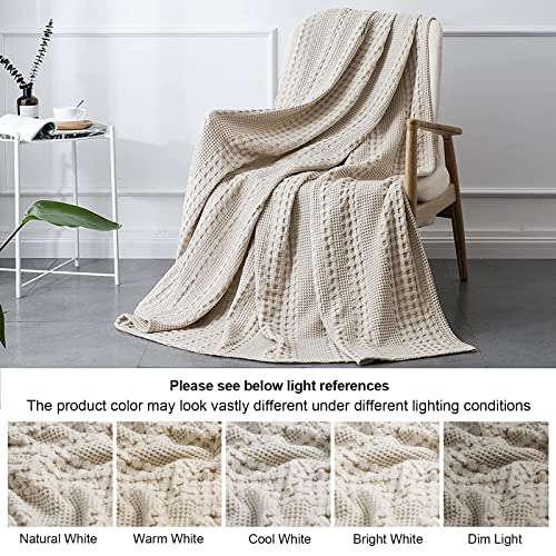 Phf 100% Cotton Waffle Weave Blanket King Size - Washed Soft Breathable Skin-Friendly Blanket - Perfect Warm Textured Blanket Layer For Couch Bed Sofa 108"X90" - Light Khaki/Linen #TOP5