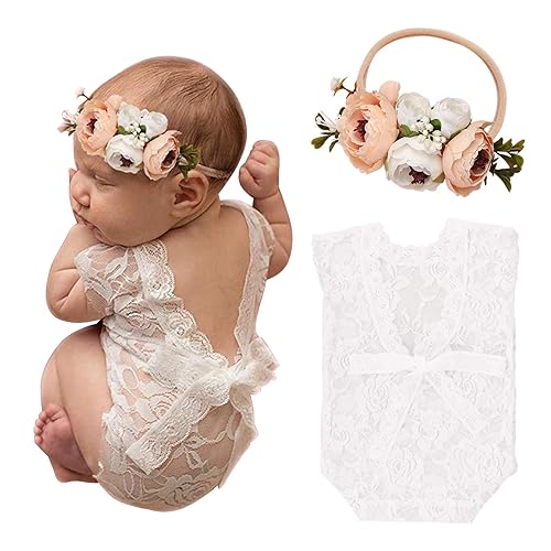 Image of SPOKKI Newborn Baby Cute Lace Rompers Photography Props with Flower Headband Vest Floral Classic Outfits