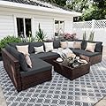 UPHA 7 Pieces Patio Furniture Sets Outdoor Sectional Sofa Wicker Conversation Couch for Decks, Backyards, Gardens, Brown Rattan, Dark Gray Cushion