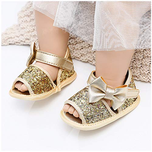 Timatego Infant Baby Girls Sandals Non Slip Soft Sole T-Strap Flip Flops Toddler First Walker Crib Dress Shoes(3-18 Months) Baby Girl Sandals 6-12 Months Infant, 05 Gold #TOP2