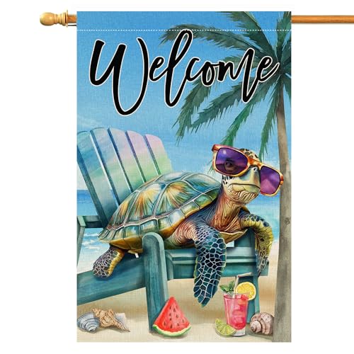 BLKWHT Summer Beach Sea Turtle House Flag 28x40 Vertical Double Sided Blue Welcome Ocean Holiday Outside Decorations Burlap Yard Flag BW814-40