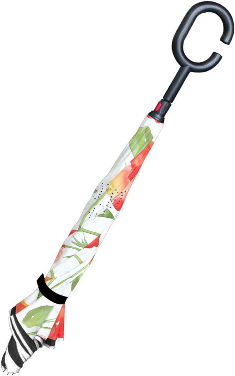 Poppy Flower Floral Inverted Umbrellas for Rain Windproof Reverse Upside Down Golf Umbrella with C-shape Handle for Men Women