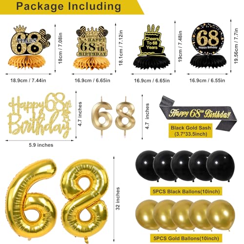 Image of 68th Birthday Decorations for Men, Black Gold 68th Party Decoration Kits | 27pcs Happy 68th Birthday Set, Banner, Honeycomb, Balloons, Gold Number, Candle, Hanging Swirls, Cake Topper, Party Supplies