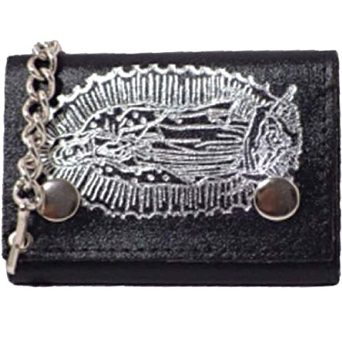 MARSHAL 100% Leather Tri-fold Chain Wallet Guadalupe Virgin Embossing