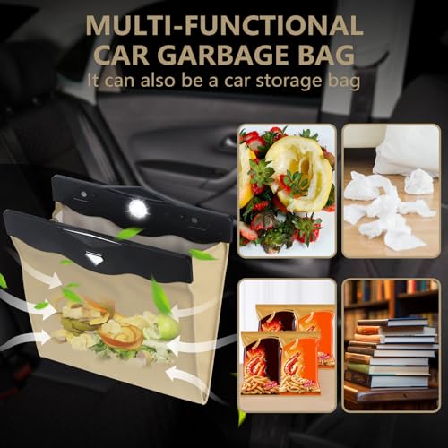 Image of XSUPER Car Trash Bag - Waterproof PU Leather Hanging Trash Can with Smart LED Light & Magnet Closure for Back Seat, Portable Trash Bin Includes 15 Rubbish Bags(Beige)