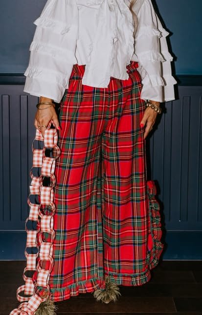 Image of Argeousgor Women Plaid 2 Piece Pajama Set Button Down Puff Sleeve Babydoll Shirt Gingham Pants Pj Lounge Set Sleepwear