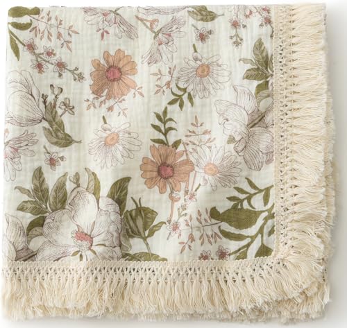 Little Jump Cotton Muslin Swaddle Blankets with Tassel, Boho Bohimia Muslin Baby Blanket Neutral with Fringe, Vintage Teddy Bear Nursery Decor Muslin...