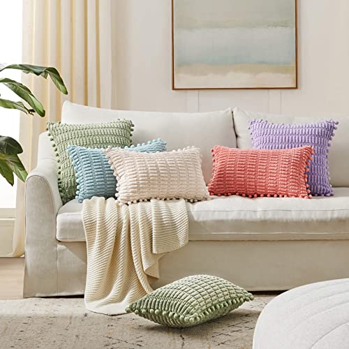 Topfinel Sage Green Throw Pillow Covers 18X18 Inch Set Of 2 With Cute Pompom,Summer Fluffy Corduroy Striped Pillow Cases,Cozy Square Classical Decorative Cushion Covers For Couch Sofa Bed Chair #TOP3