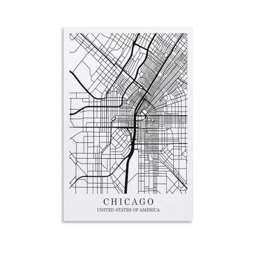 NCUDANK Poster su tela con mappa di Chicago, Illinois, decorazione per camera da letto, ufficio, camera da letto, regalo, 20 x 30 cm