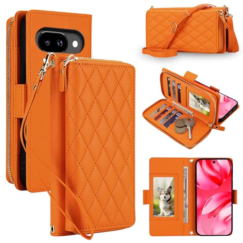 Étui portefeuille pour Google Pixel 9A orange avec fermeture éclair antichoc