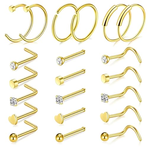 UIEXAY 21 Piezas Piercing Nariz Dorado 20G,Piercing Nariz Acero