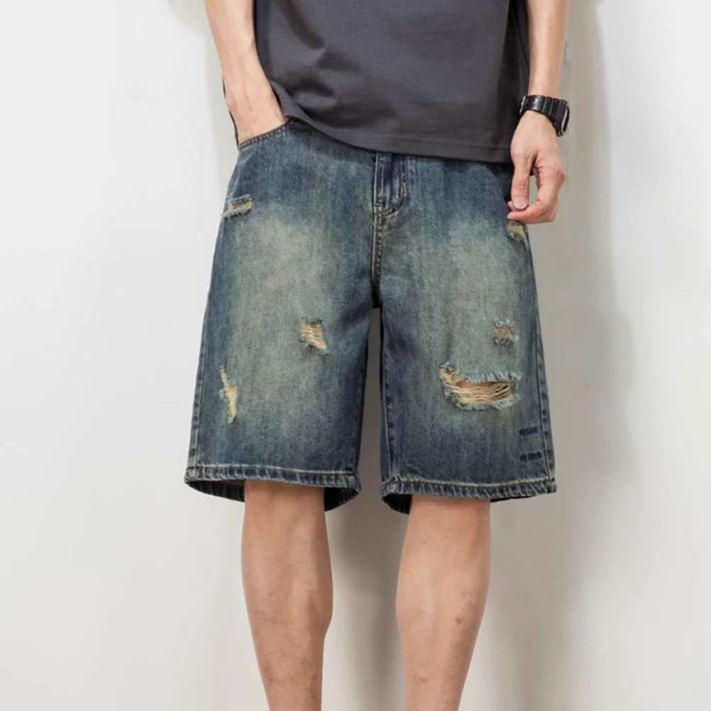 Baggy Jean Shorts Men Ripped Straight Leg Loose Fit Summer Vintage Wash Denim Shorts