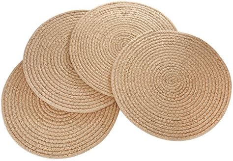 4 Pack Jute Woven Placemats, Round Braided Tablemats Natural Jute Handmade Woven Placemats Heat Resistant Non-Slip Potholder for Dining Table (11.8 inch)