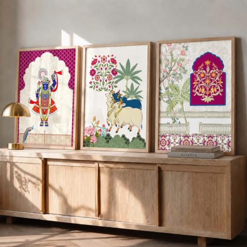 Image of kotart Indian Traditional Madhubani Wall Art Painting With Frame | Paintings Home Decoration For Living Room Bed Room Hotel Wall Decor Digital Reprint Set of 3 (19X25 inch)