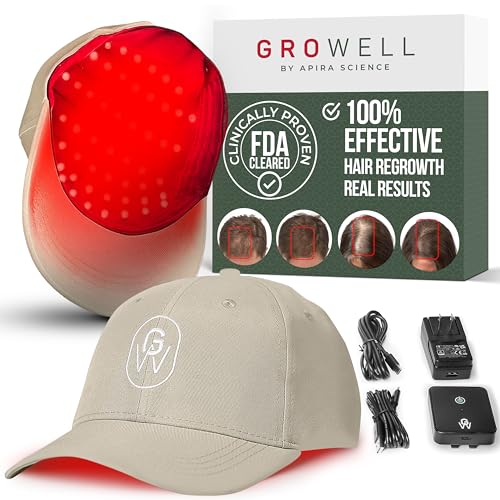 GroWell Red Light Therapy Hair Growth Cap – FDA Cleared Laser Treatment for Hair Regrowth and Reduced Shedding – LED & Laser Red Light Therapy Clinically Proven in Double-Blind Studies -Beige