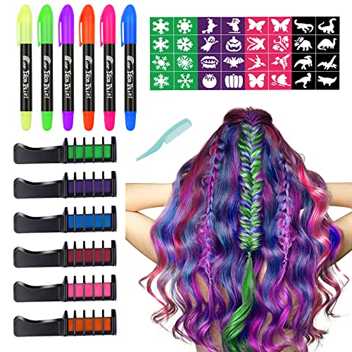 16 PCS Hair Chalk Comb, TOROKOM Temporary Bright Washable Hair Color Comb 6 Mini Hair Chalk for Girls 6 Hair Chalk Pen 32 Stencils, Hair Color Dye for Cosplay Halloween Christmas DIY Hair Color