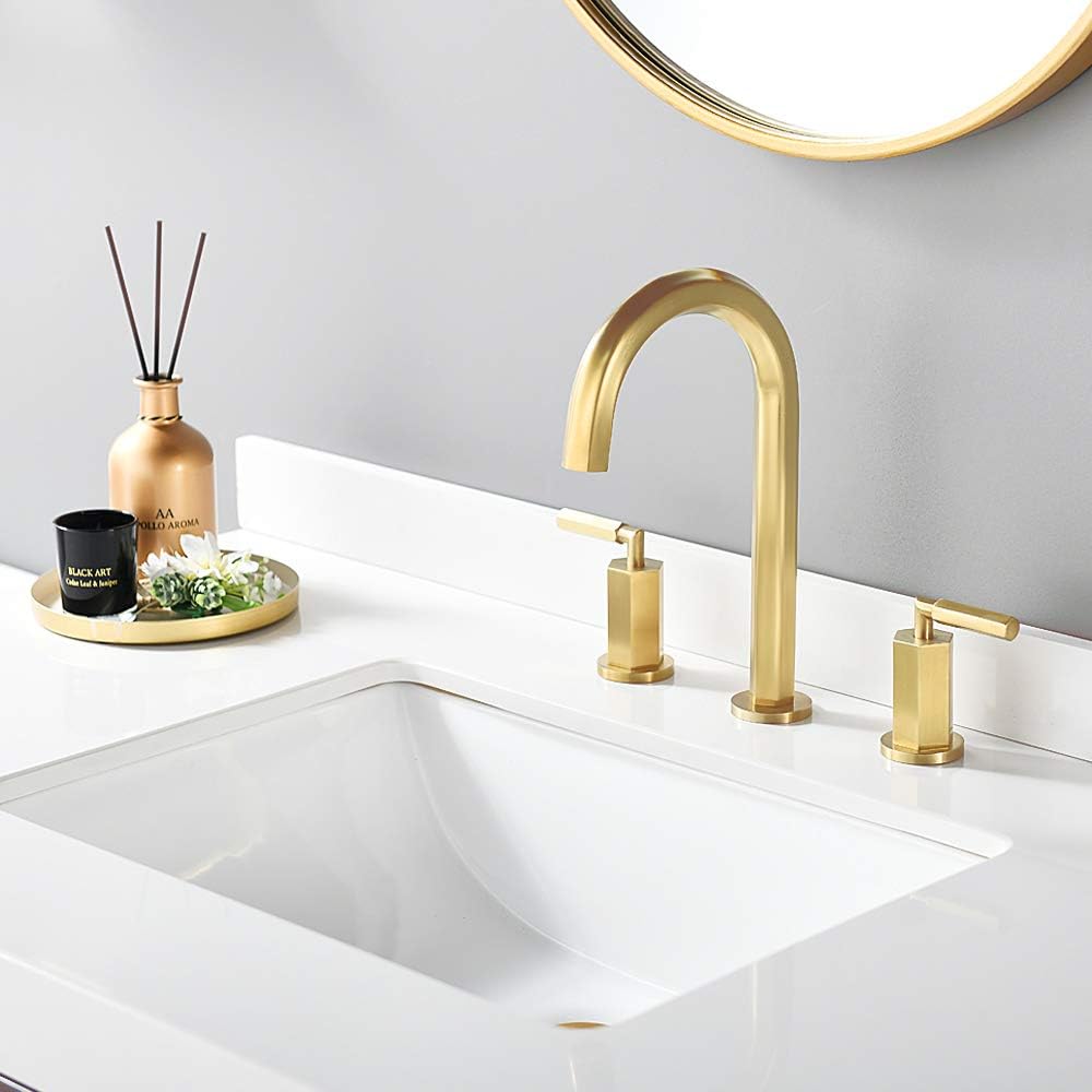 Exclusive Discount 50% Price Brushed Gold 8 Inch 2 Handles 3 Holes Hexagonal Widespread Bathroom Faucet by Phiestina, Bathroom Sink Faucet with Stainless Steel Metal Pop Up Drain,NS-WF001-6-BG