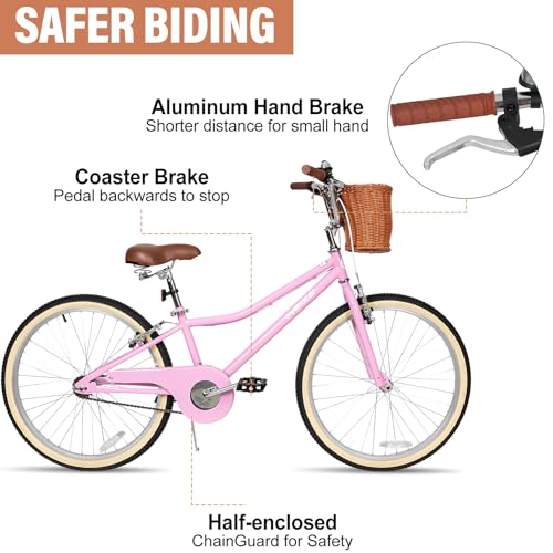 Image of WEIZE Beach Cruiser Bike, 24 Inch Kids Bike with Basket and Kickstand, Retro Style Childrens Bicycle for Teen Girls, Lightweight Steel Frame, Pink