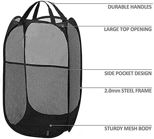 Miniatura 8 de Cesta de ropa de malla emergente de Larpur, cesta de lavandería plegable y portátil para ropa con asa de transporte reforzada (Negro 2 piezas)