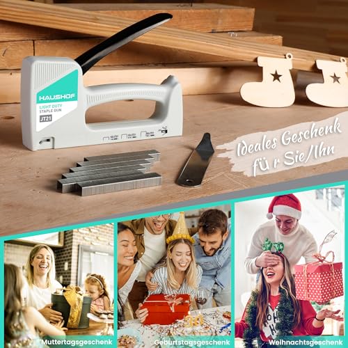 HAUSHOF Handtacker Tackerpistole Polsterung Heftpistole Holztacker für Klammern Typ 53, mit 800 Klammern 8mm und Klammerentferner für Holz, Stoff, Möbel