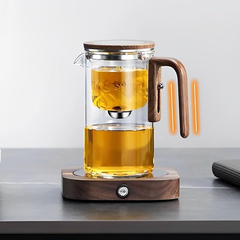 Wassertrennende Glasteekanne, Wassertrennende Glasteekanne mit Holzgriff, Druckkontrolle, magische Teekanne aus Glas, magnetische Filterteekanne mit zwei Sieben (720ml)