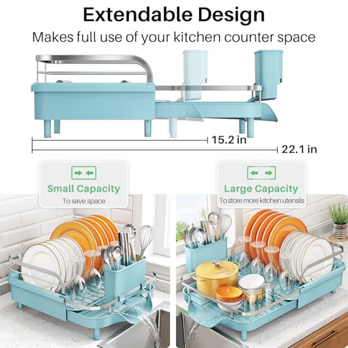 Image of SNTD Dish Drying Rack, Expandable Dish Rack for Kitchen Counter, Stainless Steel Dish Drainer with Drainboard Set and Utensil Holder (Blue)