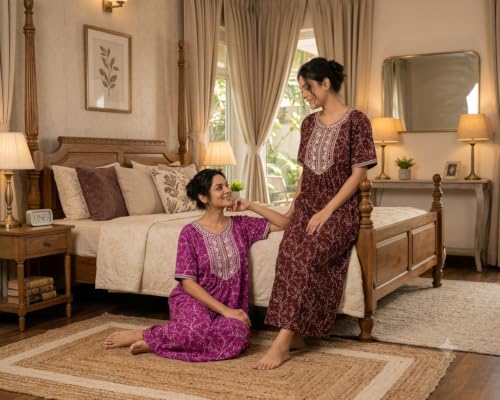 Image of Embroidery Nighty for Women Pure Cotton Combo Pack of 2 | Free Size Gown for Women Cotton Nighties for Women Stylish Night Dress | Maxi Sleepwear Maroon & Purple
