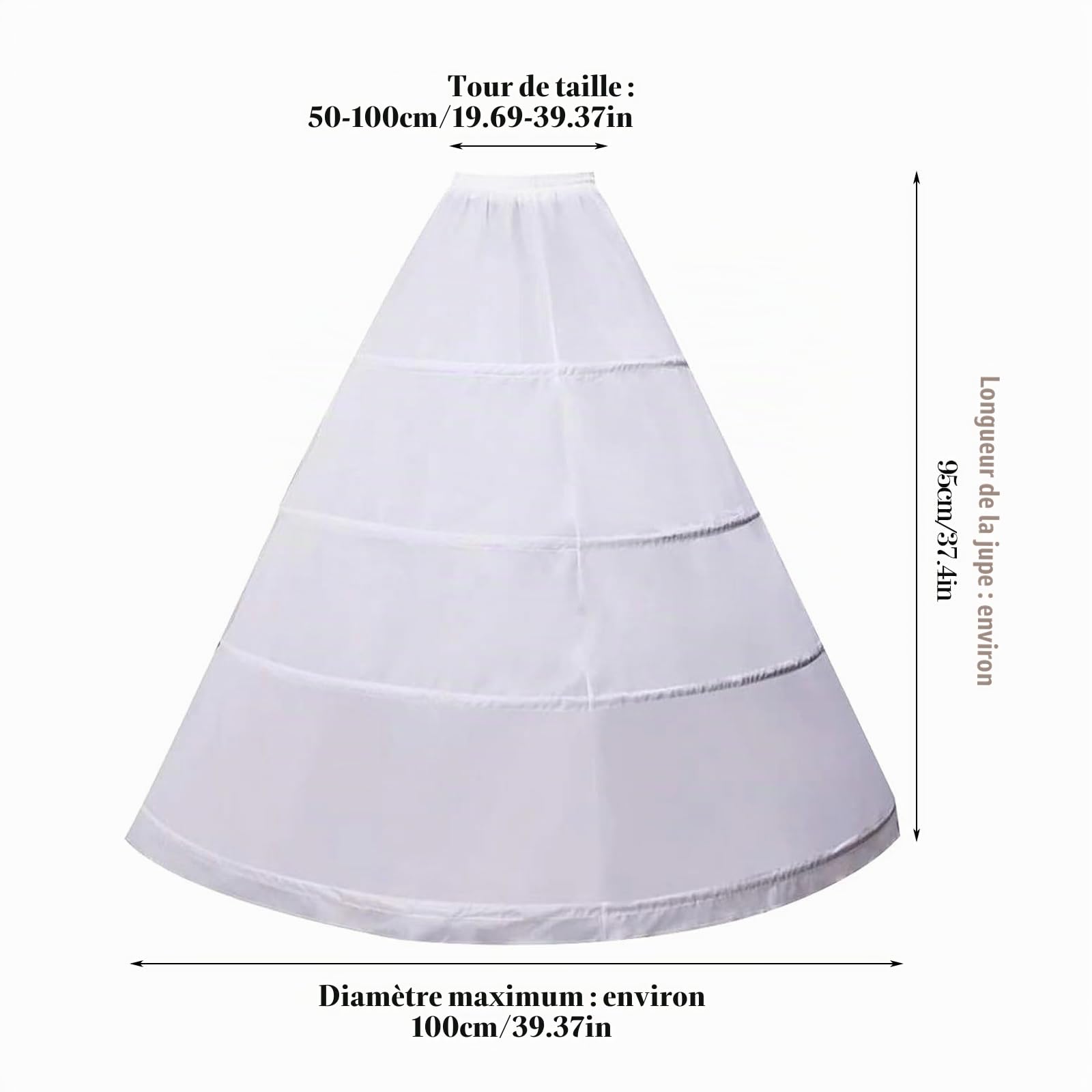 Jupon Robe De Mariée -Jupon à 4 cerceaux pour Femme - Longueur au Sol - Crinoline - Blanc - Élégance et Confort