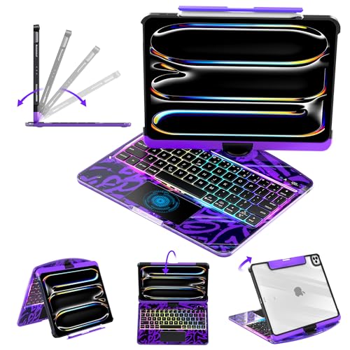 Image of Clear Keyboard Case for iPad Pro 11 Inch (M4 /M5 2024 /2025) 360 Swivel Multi-Touch Trackpad,With wireless Bluetooth 3-Brightness & 7-Color Backlit, Pencil Holder tecla de acceso directo purple