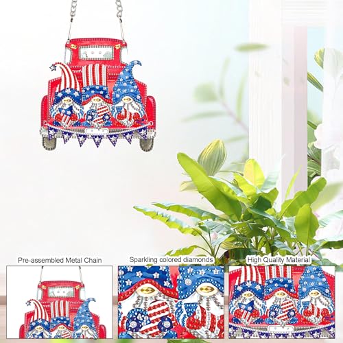 Image of AiYuanzsh Red Car Gnome Diamond Painting Hanging Kit, 5D DIY Acrylic Special Shaped Diamond Art Pendant Ornament with Chain, Independence Day Wall or Door Decor, July 4th Crystal Art Kit for Adults