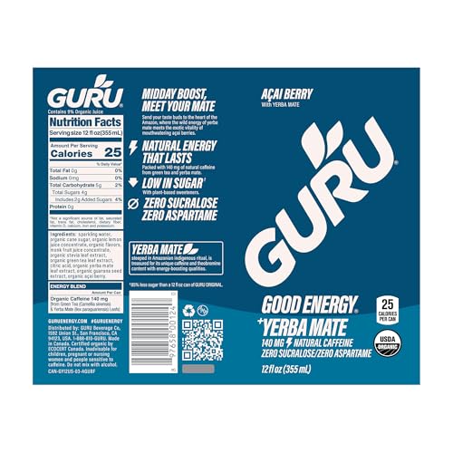 Image of GURU Energy Drink, Organic Sparkling Energy Drink with Yerba Mate & Green Tea, 140 MG Natural Caffeine for Workouts, Performance & Midday Boost, Gluten Free, Vegan, Acai Flavor, 12 Fl Oz, 24 Pack