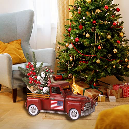 Vintage Red Truck Christmas Decor,Farmhouse Metal Trucks Planter, Decorative Americana Tabletop Storage,Patriotic Table Centerpiece Decorations #TOP3
