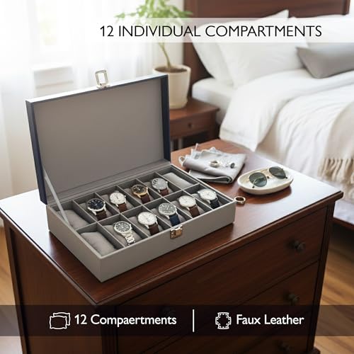 Image of MDF Unisex Faux Leather Watch Organiser Box with 12 Slots | Color: Blue-Gray