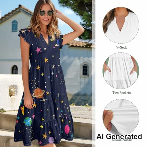 Image of Women's Casual Ruffle Sleeve Dress V Neck Pullover Dress Flowy A-Line Pleated Lightweight Dress with Pockets