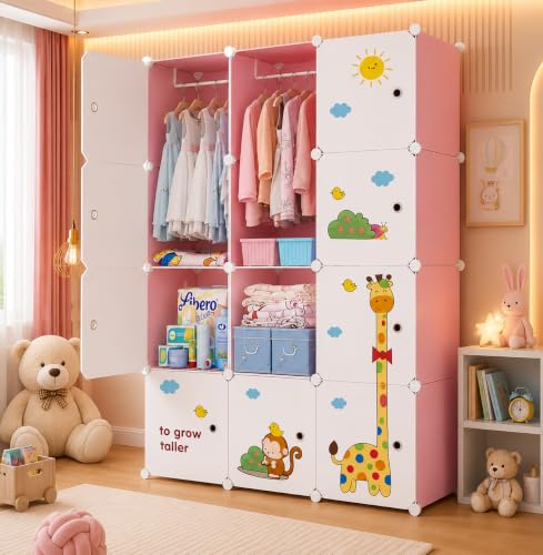 Image of Plastic Wardrobe for Clothes | Plastic Almirah for Kids | 12-Cube Baby Cupboard for Clothes Storage | Portable Collapsible Wardrobe | DIY Kids Almirah for Bedroom - Cute Animal Print