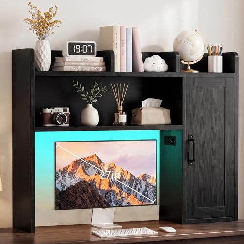 Image of Desktop Storage Shelf, 37.4 inch Computer Desk Organizer 3-Tier Wood Desktop Storage Shelf Desk Hutch Dorm with RGB LED Light & Power Outlets for PC Gamers, Office, College Dorm Must Haves-Black