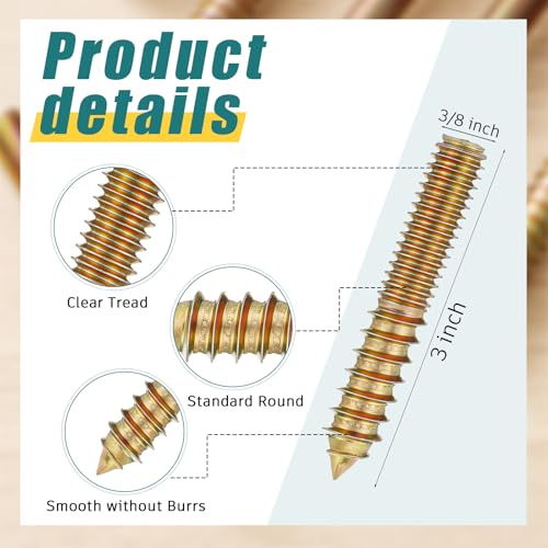 Image of Hicarer 50 Pack 3 /8-16 x 3 Inch Hanger Bolts Double Headed Bolts with Driver Self Tapping Screw Threaded Rod Screws for Furniture Double Headed for Wood Furniture Joint