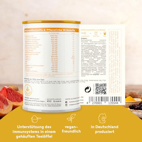 Immun-Elixier | 450g | Immunsystem Stärken | mit Vitamin C, D & K2 pulver, Quercetin, Acerola, Kurkuma, Hagebutten, Selen, Zink, Camu, Echinacea & NAC zur Unterstützung des Immunsystems | Alpha Foods