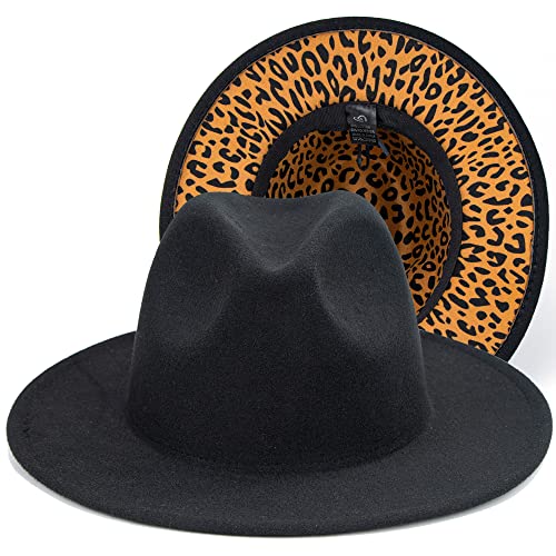 Classic Felt-Fedora Hat With Belt Buckle Women Wide Brim Wool Panama-Hat Adjustable（7 1/4） (Black/Leopard-1Pcs(No Belt Buckle), Medium-Large) #TOP7