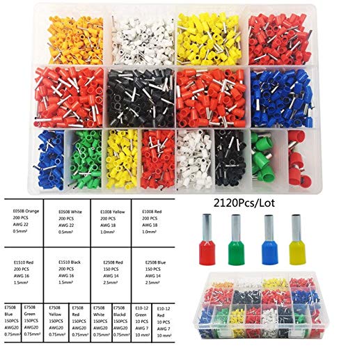 Davitu Terminals - Multiple styles TE/VE tube terminal electrical wiring connector crimping insulated tubular terminals set for0.5-10mm2 AWG22-7 - (Color: 2120)