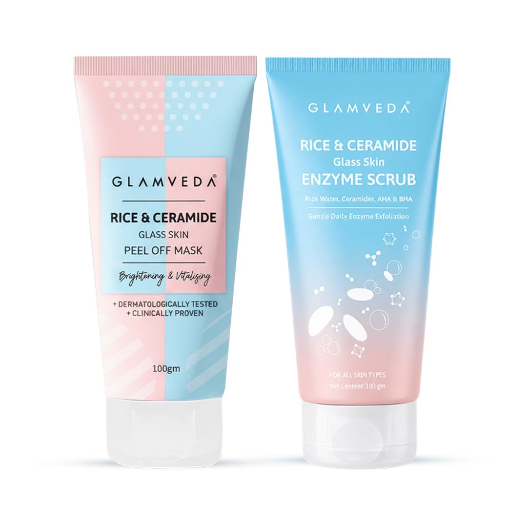 Glamveda Rice & Ceramide Weekly Glow Ritual | Enzyme Scrub + Peel Off Mask Combo | Korean Glass Skin Treatment | Rice Water, Ceramides & AHA BHA | Smooth & Radiant Looking Skin-image-49