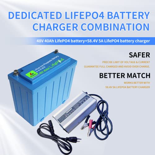 Ocell 48V 40Ah Lifepo4 Battery With 58.4V 5A Dedicated Lithium Battery Charger; Built-In 80A Bms, 4000+ Cycles, 10+ Years Lifetime,For Golf Cart 4096W Power, Ebike, Rvs, Off-Grid Applications #TOP7